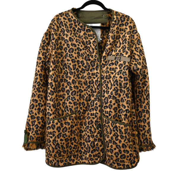 R 13 Military Liner Jacket Small Brown Leopard Print Button Front Faux Fur Lined - Picture 1 of 10